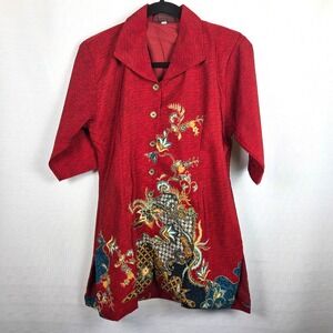 VTG Bali Lestari Red Embroidered Floral Tunic Blouse‎ Bohemian Casual Women's M